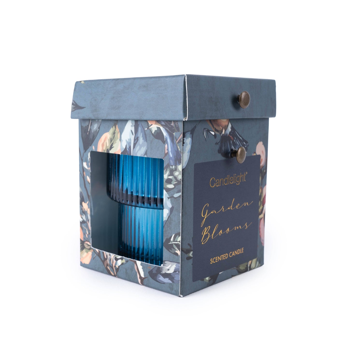 Small Ridged Glass Candle - Garden Blooms Blue